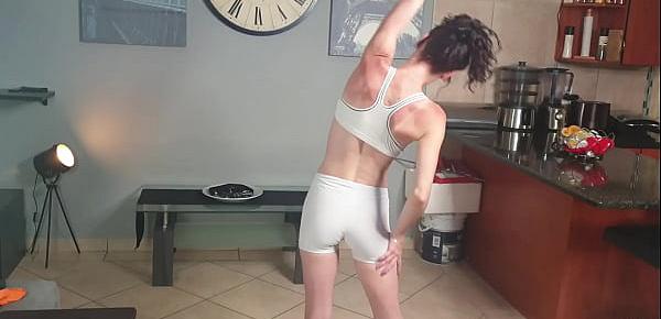  Skinny girl pissing on her own face and in her mouth through white pants